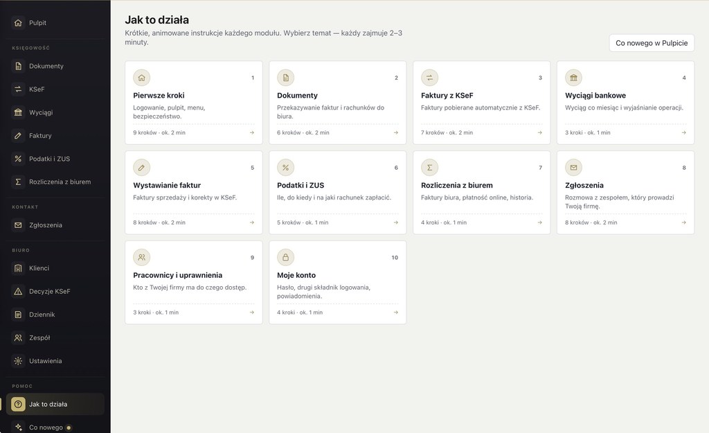 Ekran „Jak to działa” z animowanymi instrukcjami modułów